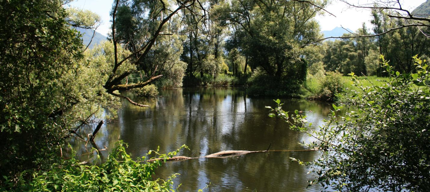 Wasser mit Schlieren, in denen sich der Himmel spiegelt
